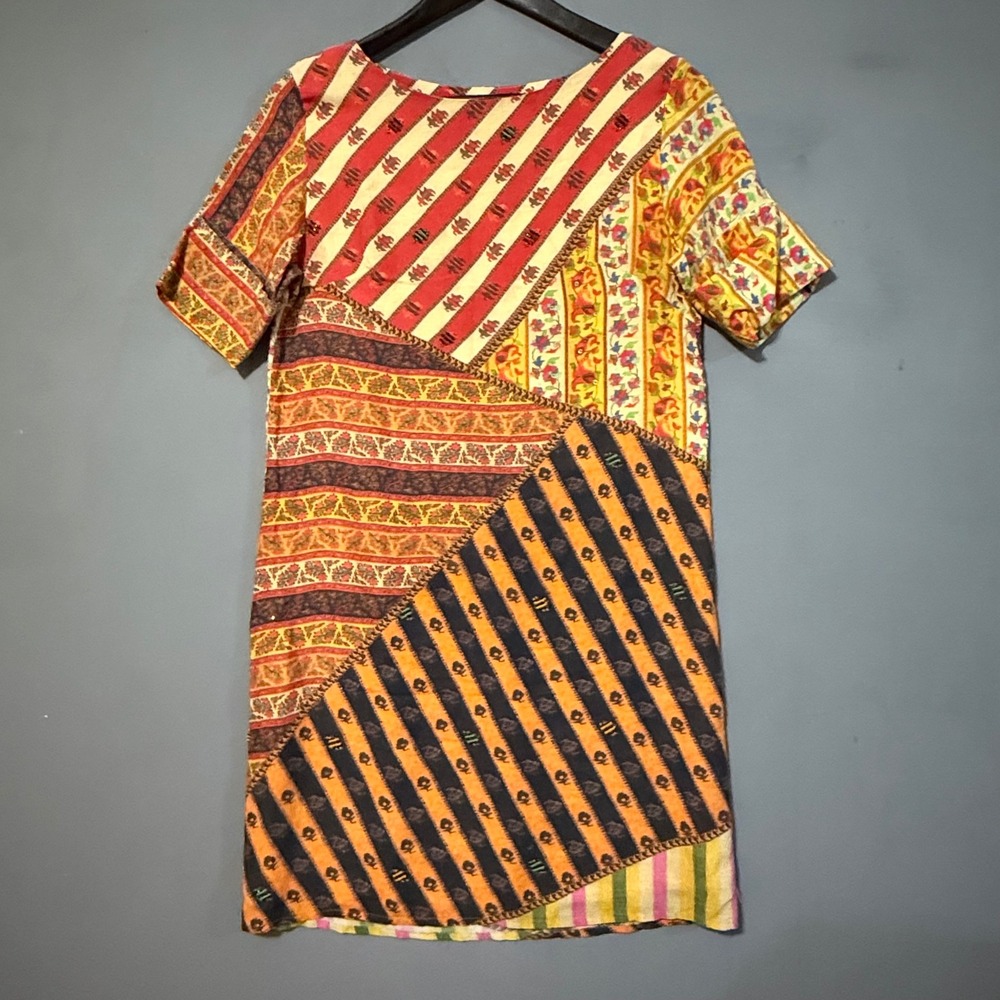 Anthro Multi Orange Patchwork Beaded Tanvi Kedia Ozma Dress XS Cotton Viscose